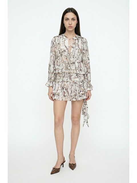 QUZU Desenli Fırfırlı Mini Etek Bej - S000515651-19928