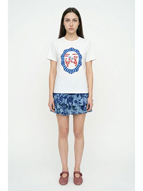 QUZU Istakoz Nakışlı Oversize Tişört Ekru - S000515650-19965