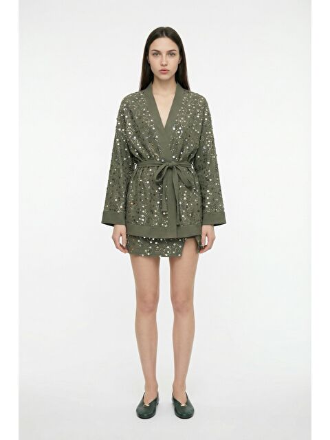 QUZU Pul İşlemeli Kuşaklı Kısa Kimono Haki - S000515649-18547