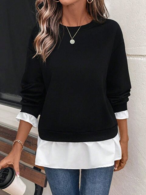 Jane's Kadın Uzun Kollu Bisiklet Yaka Viskon Iki Iplik Ve Etek Ucu Trikoton Bluz