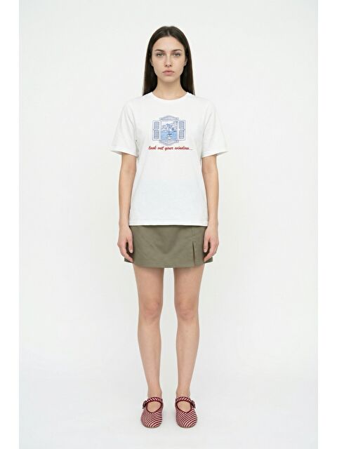 QUZU Sahil Temalı Sırtı Baskılı Oversize Tişört Ekru - S000515653-19965