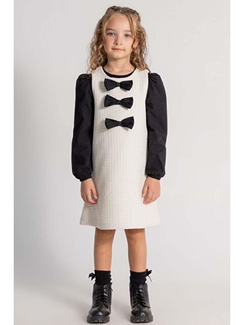 Riccotarz Kız Çocuk Uzun Kol Penye Tişört ve Önü Kurdele Detaylı İçi Astarlı Beyaz Jile Elbise - S000302844-20063