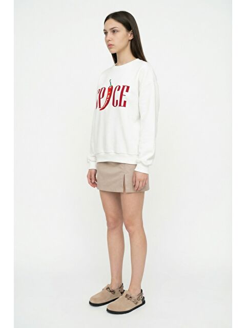 QUZU Spice Baskılı Oversize Sweatshirt Ekru - S000515655-19965