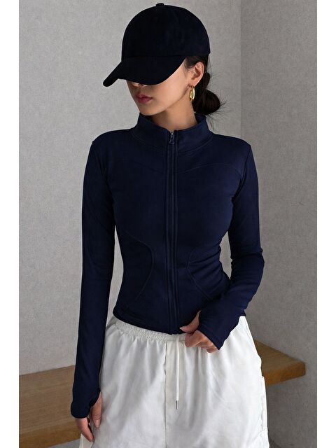 Tarz Cool Kadın Bej İki İplik Fermuarlı Dar Kesim Mevsimlik Hırka – Dik Yaka Fit Basic Ceket