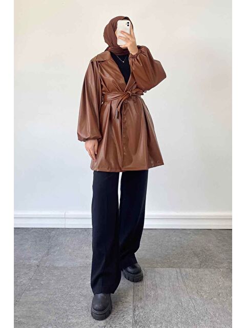 Lamelif Kruvaze Yaka Deri Trenç Çikolata Kahve - S000518047-20637