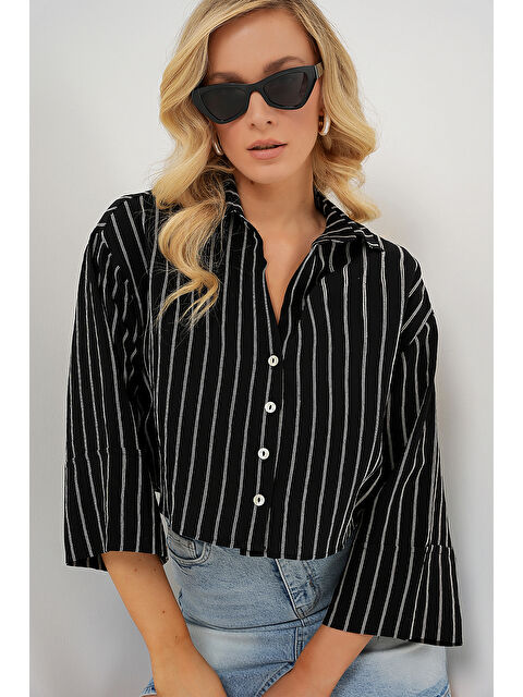 Bigdart Kadın Çizgili Oversize Kısa Gömlek 20326 - Siyah - S000393897-19351