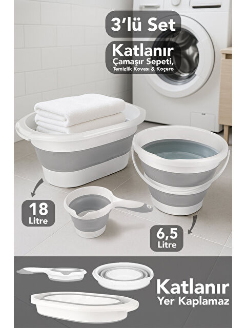 Meleni Home 3'lü Katlanır Çamaşır Sepeti 18 l