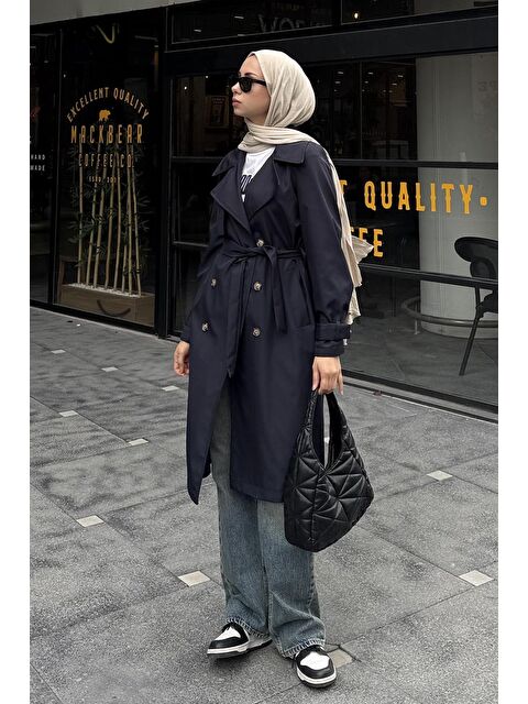 Lamelif Klasik Kuşaklı Trenç Lacivert - S000518050-21164