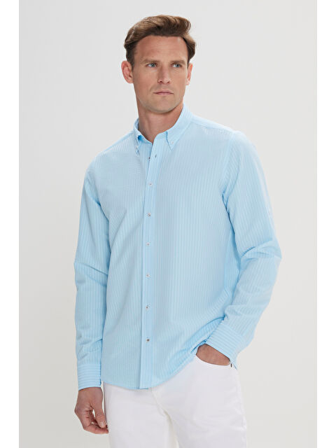 AC&Co / Altınyıldız Classics Erkek Turkuaz Slim Fit Dar Kesim Gofre Desenli Düğmeli Yaka Hafif Kumaş Gömlek - S000394311-20055