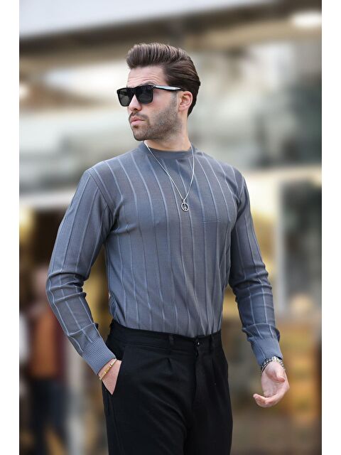 Madmext Antrasit Bisiklet Yaka Çizgili Uzun Kollu Kazak 7244 - S000256163-29666