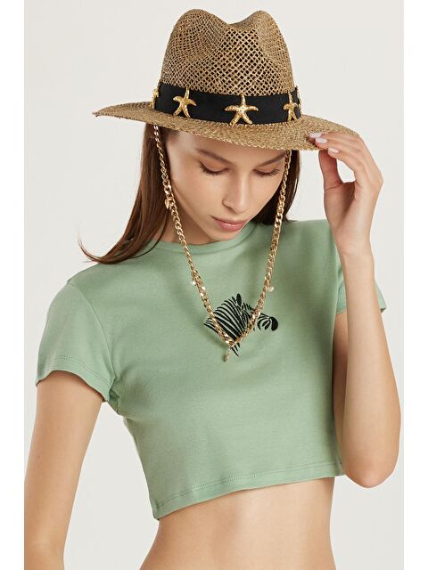 TUDORS Kadın Slim Fit Dar Kesim %100 Pamuk Bisiklet Yaka Baskılı Haki Crop Tişört - S000523221-18194