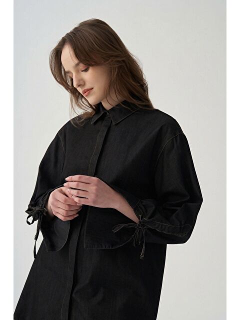 ALLDAY Siyah-Kolu Büzgü Detaylı Denim Gömlek