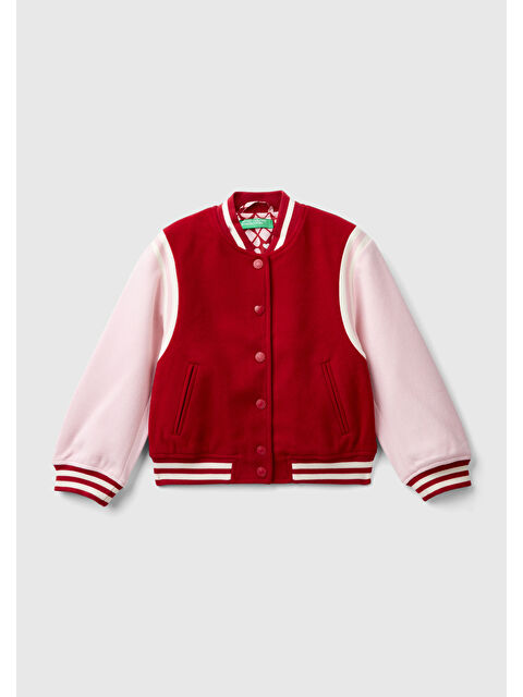 United Colors Of Benetton Kız Çocuk Kırmızı Arkası Logo Detaylı Kontrast Renkli Kalpli Düğmeli Bomber Ceket - S000293704-20045