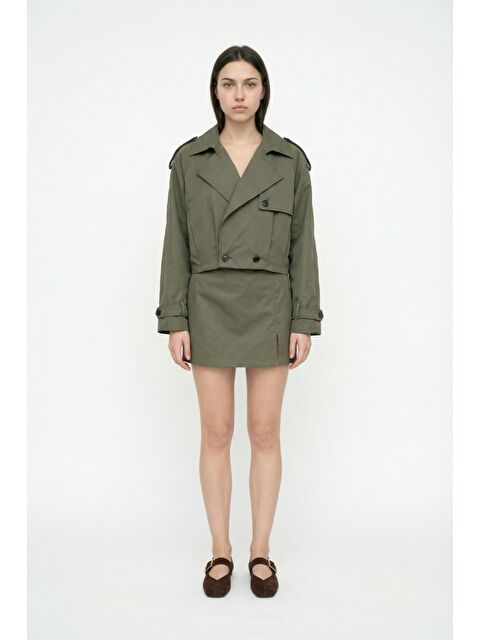 QUZU Apoletli Kruvaze Yaka Kısa Trençkot Haki - S000515659-18547