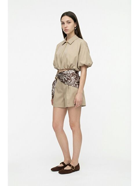 QUZU Yüksek Bel Fularlı Mini Şort Bej - S000515662-19928