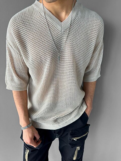 Abluka Online Erkek Oversize Bol ve Rahat File Tişört Gri - S000144343-20600