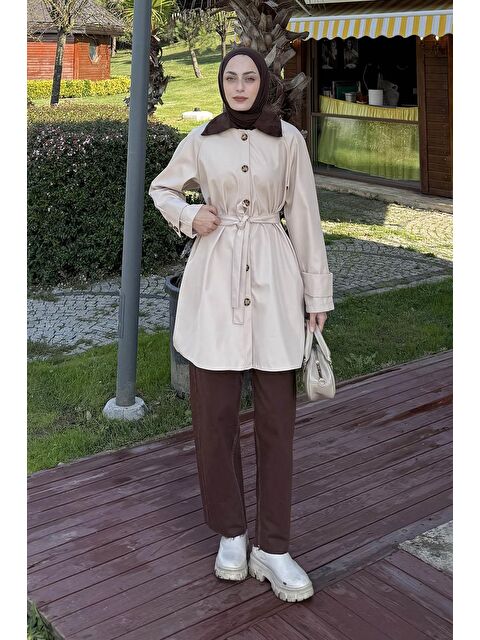 Lamelif Yaka Detaylı Kısa Trençkot Bej - S000518054-19928