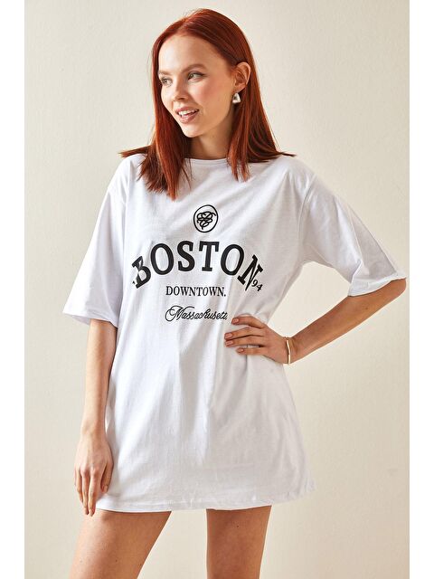 Xhan Beyaz Bisiklet Yaka Yazılı Oversize Tişört 5YXK1-48209-01 - S000159180-20063