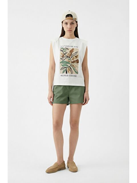 QUZU Pul İşlemeli Yaprak Baskılı Kolsuz Tişört Ekru - S000515664-19965