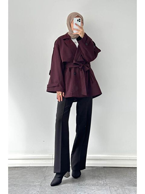 Lamelif Omuz Apoletli Kısa Trençkot Bordo - S000518051-19951