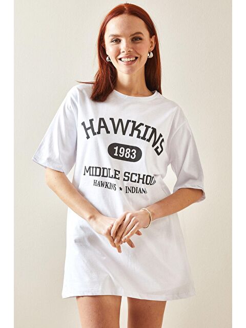 Xhan Beyaz Bisiklet Yaka Yazılı Oversize Tişört 5YXK1-48208-01 - S000159186-20063