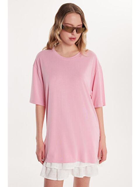 TUDORS Kadın Modal Kumaş Regular Fit Kısa Kollu Bisiklet Yaka Pembe Tişört - S000523228-20024