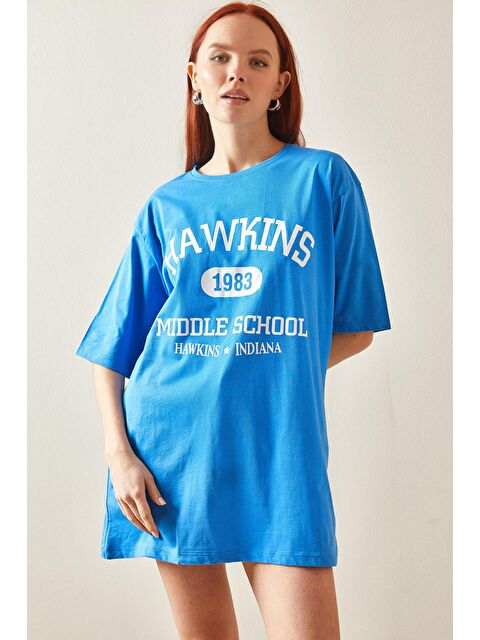 Xhan Mavi Bisiklet Yaka Yazılı Oversize Tişört 5YXK1-48208-12 - S000159186-17234