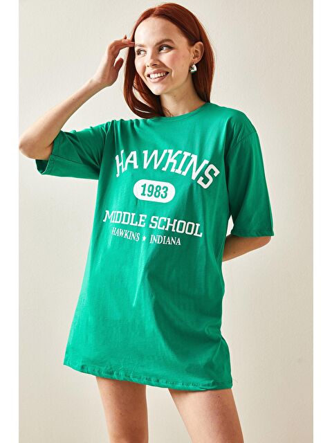 Xhan Yeşil Bisiklet Yaka Yazılı Oversize Tişört 5YXK1-48208-08 - S000159186-18194