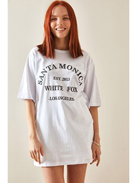 Xhan Beyaz Bisiklet Yaka Yazılı Midi Oversize Tişört 5YXK1-48207-01 - S000159187-20063