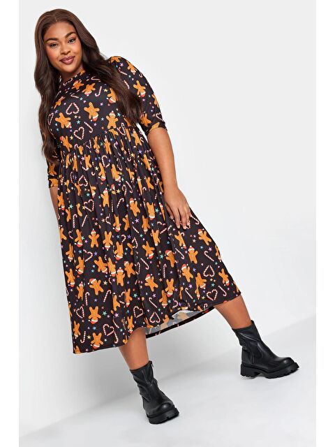 Stil Diva Büyük Beden Yılbaşı Temalı Bisiklet Yaka Yarım Kollu Midi Boy Elbise 215943 - S000136600-19351