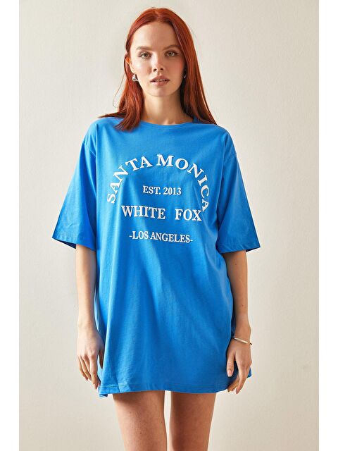 Xhan Mavi Bisiklet Yaka Yazılı Midi Oversize Tişört 5YXK1-48207-12 - S000159187-17234