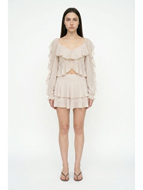 QUZU Fırfırlı V Yaka Şifon Bluz Bej - S000515666-19928