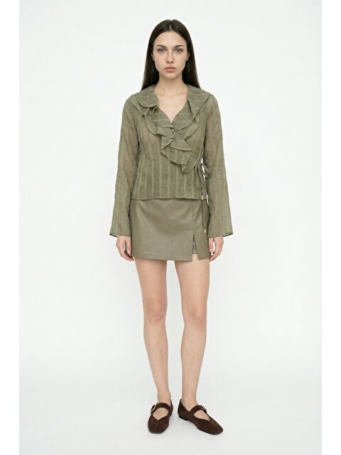 QUZU Fırfırlı Kruvaze Bağlamalı Bluz Haki - S000515663-18547