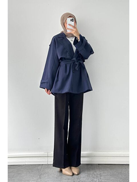 Lamelif Omuz Apoletli Kısa Trençkot Lacivert - S000518051-21164