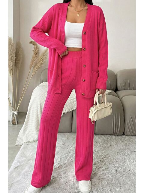 Gülseli Kadın Ön Düğmeli Kendinden Çizgi Desenli Triko Hırka Pantolon İkili Takım - S000470249-18686