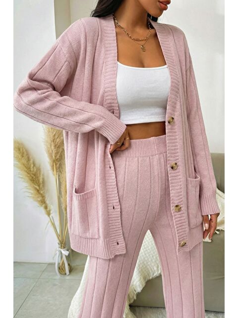 Gülseli Kadın Ön Düğmeli Kendinden Çizgi Desenli Triko Hırka Pantolon İkili Takım - S000470249-7152