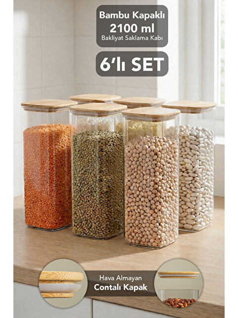 Meleni Home 6'lı Bambu Kapak Aura Kapaklı Kare Erzak Saklama Kabı 2100 ml