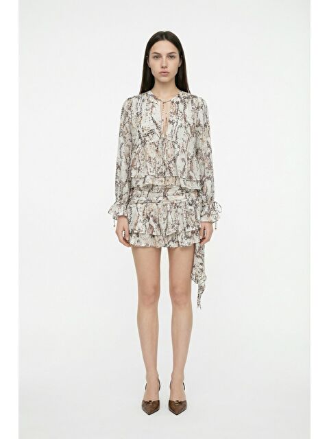 QUZU Desenli Volanlı Bağcık Detay Bluz Bej - S000515673-19928