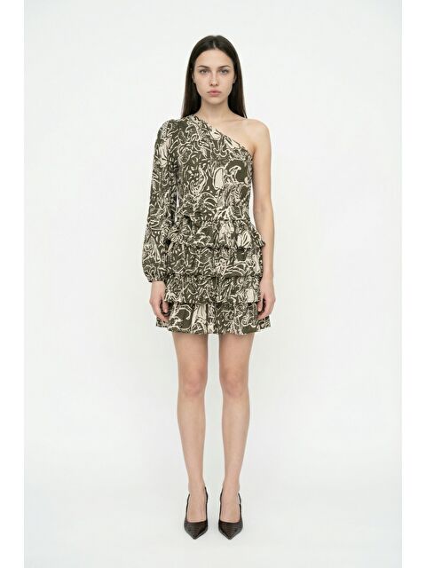 QUZU Tek Omuz Desenli Fırfırlı Mini Elbise Haki - S000515674-18547