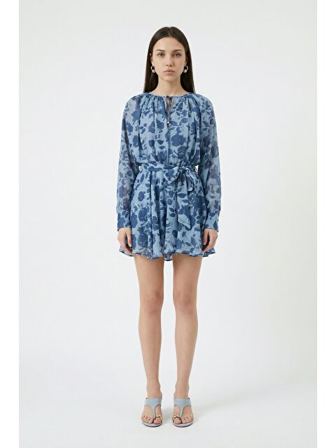 QUZU Çiçek Desenli Bağcıklı Mini Elbise Mavi - S000515676-17234