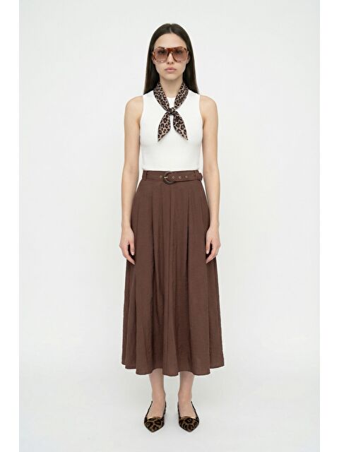 QUZU Leopar Fularlı Kombine Midi Elbise Kahverengi - S000515677-19413