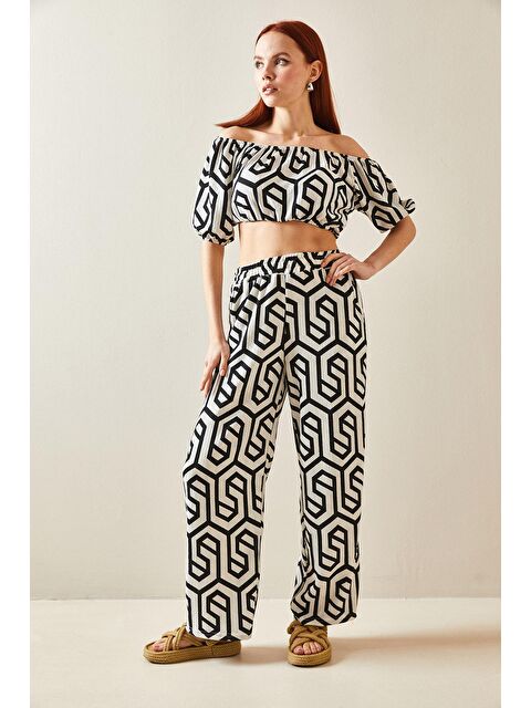 Xhan Siyah Desenli Salaş Crop İkili Takım 5YXK8-48188-02 - S000159191-19351