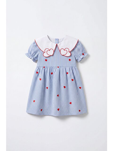 Magu Kız Çocuk Pamuklu Mavi Çizgili Kalp Nakışlı Yakalı Elbise