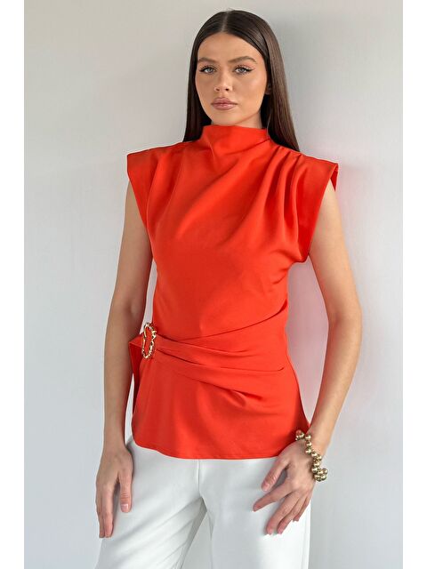 Gülseli Kadın Dik Yaka Bel Ve Omuz Drapeli Kemer Detaylı Bluz - S000491598-20013