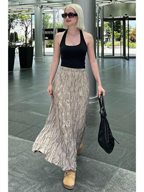 Madmext Bej Beli Lastikli Buruşuk Mikro Uzun Kadın Etek Mg2155 - S000216633-19928