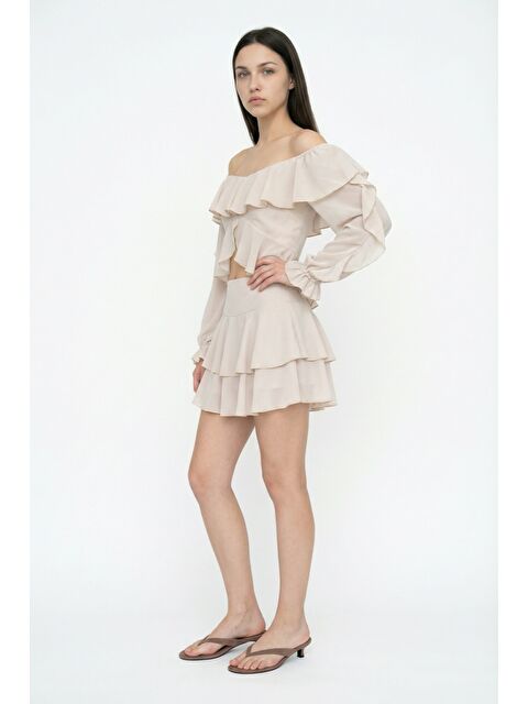 QUZU Bağlamalı Fırfırlı Mini Etek Bej - S000515681-19928