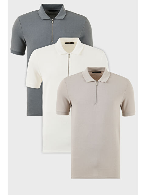 Buratti Pamuklu Regular Fit Yarım Fermuarlı 3'lü Paket Polo Yaka %100 Pamuk Tişört 5902915S3 - S000387112-37229