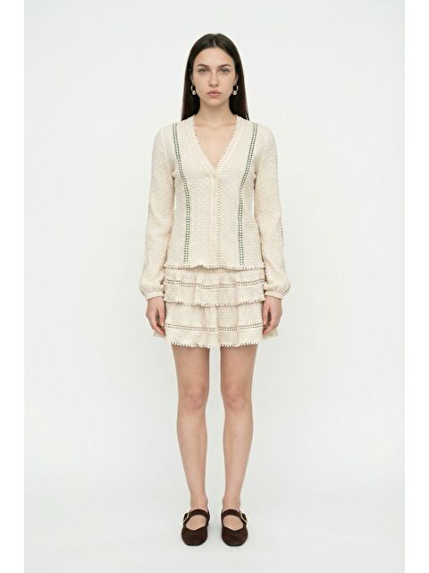 QUZU Beli Lastikli Dokulu Fırfırlı Mini Etek Bej - S000515683-19928