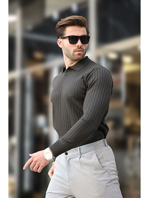 Madmext Antrasit Polo Yaka Çizgili Uzun Kollu Kazak 7239 - S000256166-29666