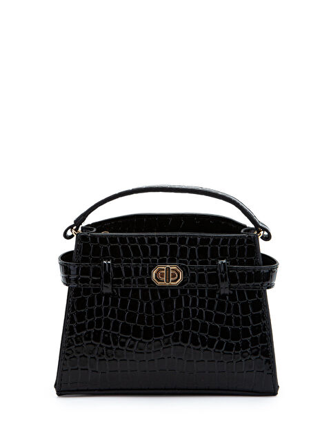 Minebag Kilit Aksesuar Kemer Detaylı Jessie Kadın Çapraz Çanta Siyah Croco